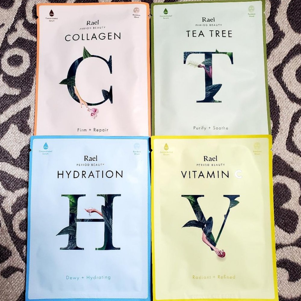 Rael Lot of 4 Sheet Masks Tea Tree, Collagen, Hydration, Vitamin C Variety NEW